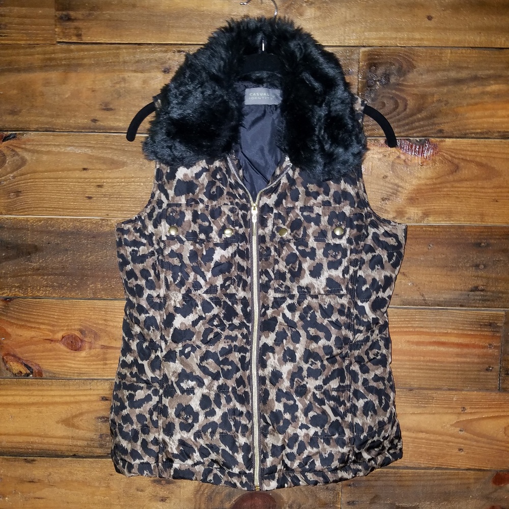 Leopard black fur collar puffer vest